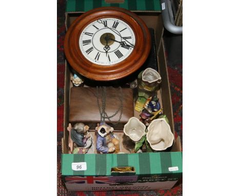 A box of miscellaneous to include a Victorian wall hanging alarm clock, costume jewellery, Eastgate fauna ceramics etc.