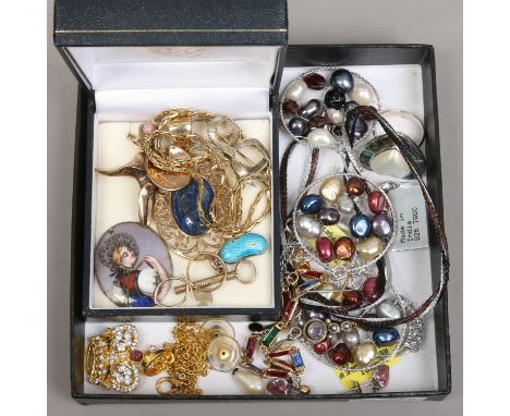 A box of assorted costume jewellery including antique enamelled portrait plaque, silver gilt paste set crown pendant on chain