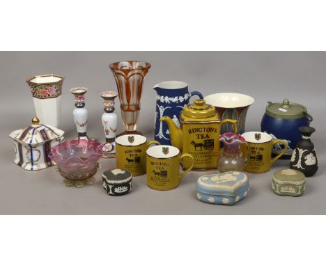 Mixed ceramics and glass including Jasperware, Ringtons teapot and cranberry glass etc.