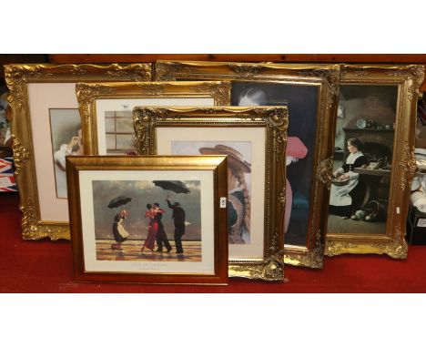 A good collection of six gilt framed prints, floral and portrait.