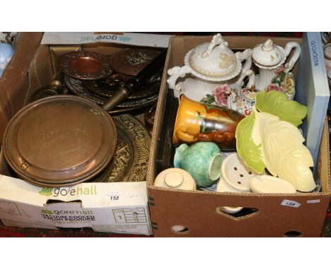 Two boxes of miscellaneous to include mixed metalwares, Carltonware, Sadler, Goebel etc along with a copper bed warmer.
