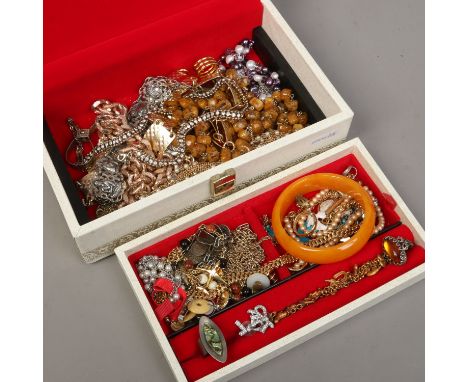 A jewellery box and mixed vintage costume jewellery including celluloid bangle, paste set examples and simulated pearls etc.