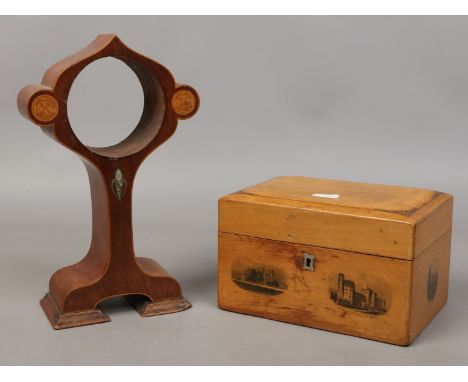 A mauchline ware box together with an Art Nouveau inlaid mahogany clock case