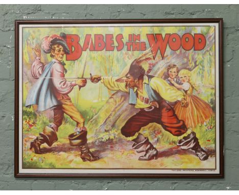Original Babes in the Wood framed 1950s pantomime poster stone lithograph, printed by Taylors Yorkshire, 75 x 100cm. 
