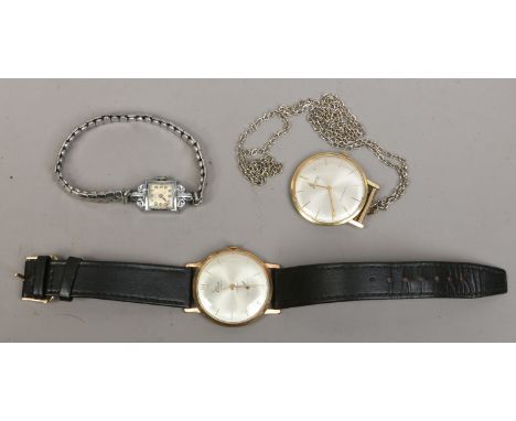 A gentlemans manual Elco wristwatch, an manual Accurist pendant watch on chain and an Art Deco manual Roamer cocktail watch.