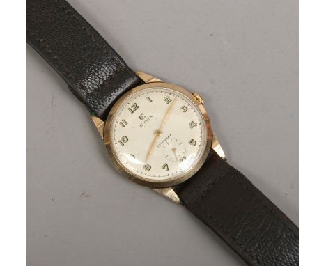A gentlemans vintage 9ct gold cased Cymaflex manual wristwatch with satin dial and subsidiary seconds 