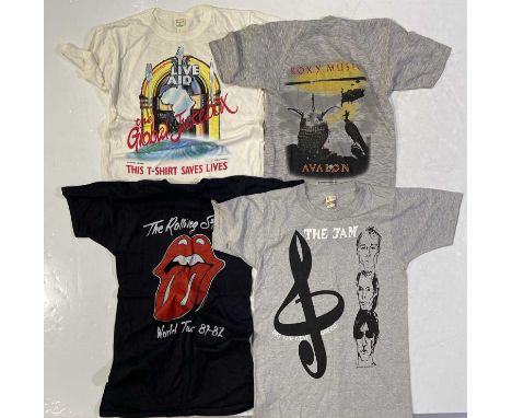 Four original mostly c 1980s concert/tour t-shirts to inc original Live Aid t-shirt (M), original vintage Rolling Stones 1982