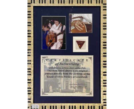 A mounted and framed display to include a tortoise shell effect guitar pick as used on stage by Elvis Presley. Display also f