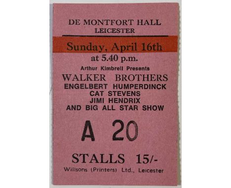 An original ticket stub (approx 2x3") for Jimi Hendrix, Walker Brothers, Cat Stevens at De Montfort Hall, Leicester in April 