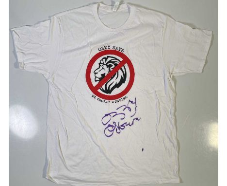 An original t-shirt (XL) designed by Ozzy Osbourne, signed in black marker pen by Ozzy Osbourne. Provenance: donated by Ozzy 