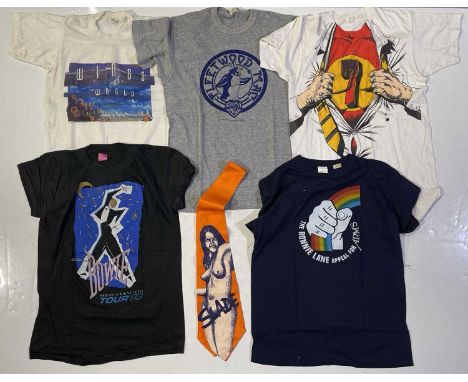 Five original vintage t-shirts to include: David Bowie Serious Moonlight 1983 (German label, no sizing), Madness (M), Fleetwo