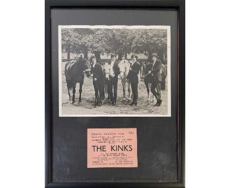 A framed and glazed display to include an original ticket stub for The Kinks at the Imperial Ballroom. Nelson in February 196