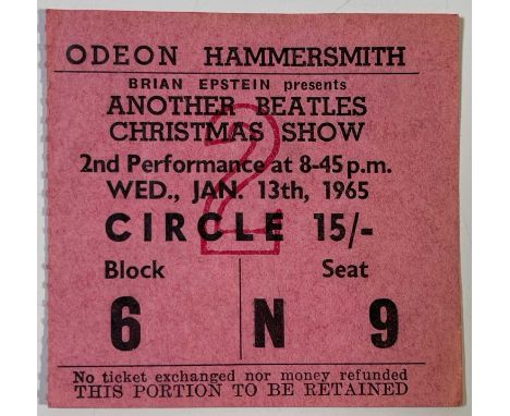 An original ticket stub, seat N9 for The Beatles Christmas Show at the Hammersmith Odeon, Jan 13th1965. Good condition. 6.5 x