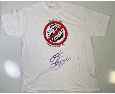 An original t-shirt (XXL) designed by Ozzy Osbourne, signed in black marker pen by Ozzy Osbourne. Provenance: donated by Ozzy