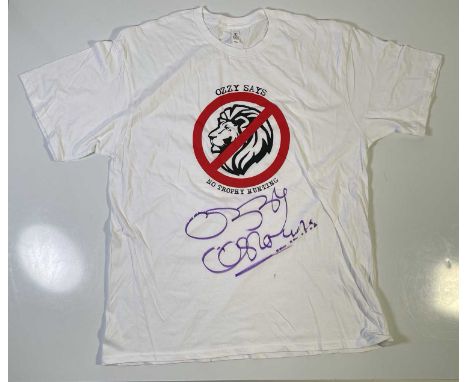 An original t-shirt (XXL) designed by Ozzy Osbourne, signed in black marker pen by Ozzy Osbourne. Provenance: donated by Ozzy