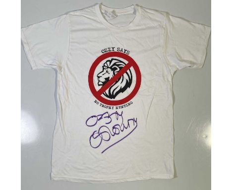An original t-shirt (M) designed by Ozzy Osbourne, signed in black marker pen by Ozzy Osbourne. Provenance: donated by Ozzy a