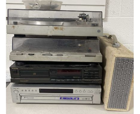 Collection of equipment to inc Technics SLD3 turntable, Panasonic SL-19 turntable, Crosley portable turntable, Technics SL-P2