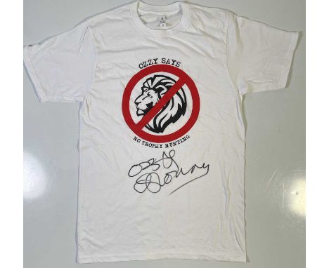 An original t-shirt (M) designed by Ozzy Osbourne, signed in black marker pen by Ozzy Osbourne. Provenance: donated by Ozzy a