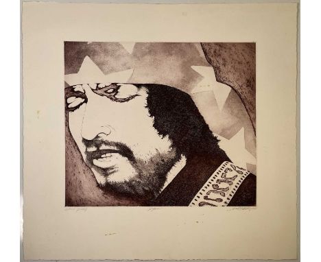 A print of a work by David Oxtoby depicting Bob Dylan, marked as an 'artist proof' and signed by David Oxtoby, dated 1977. 66