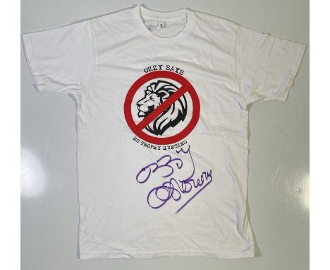 An original t-shirt (M) designed by Ozzy Osbourne, signed in black marker pen by Ozzy Osbourne. Provenance: donated by Ozzy a