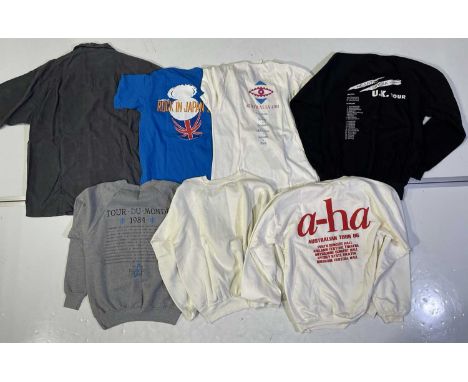 Seven items of vintage clothing to inc: 1982 A-Ha sweatshirt (one size), Duran Duran sweatshirt (L), Simple Minds 1984 tour s