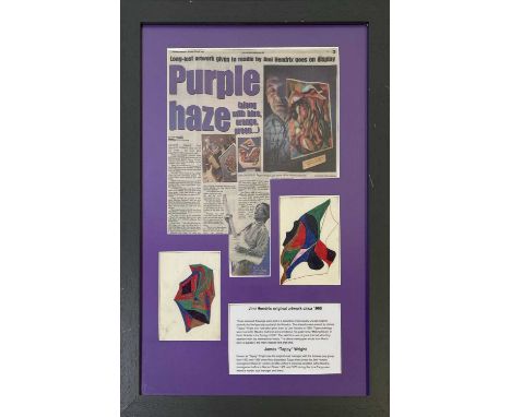A mounted and framed display, with two artworks in coloured pen by Jimi Hendrix, circa 1969. Frame measures 45 x 65cm and dra