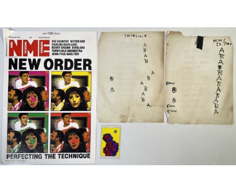 Two handwritten setlists, both c A4 sized, used onstage by New Order during the 'Technique' tour c 1989. Also with a laminate