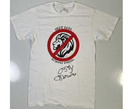 An original t-shirt (S) designed by Ozzy Osbourne, signed in black marker pen by Ozzy Osbourne. Provenance: donated by Ozzy a