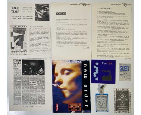 New Order memorabilia to include: 1987 AAA pass for the Australian Brotherhood tour, a 'guest' pass, a Ritz Manchester ticket
