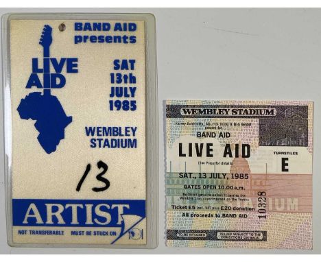 Am original ticket stub for Live Aid and an original 'Artist' laminated access pass, numbered '13'.