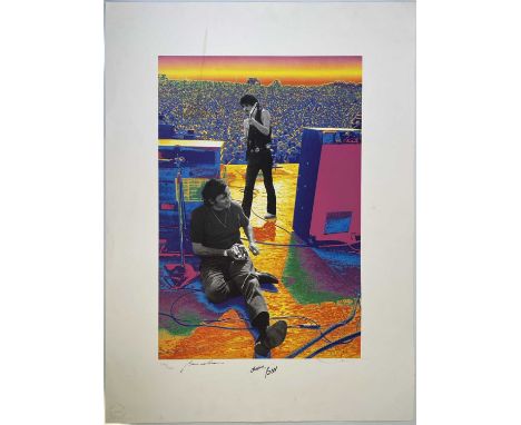 A limited edition (184/300) print of an image by Baron Wolman depicting Santana onstage. Signed by the Baron Wolman and Carlo