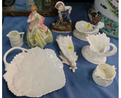 Two Royal Worcester figures, Saturdays Child and First Dance, together with four white Royal Worcester pieces and a Graingers