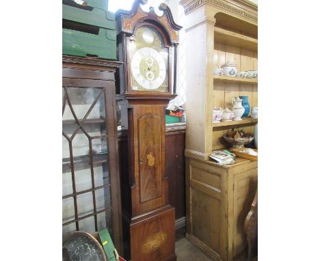 A 19th century mahogany case long case clock, having brass dial , with foliate decoration, the case is decorated with Brittan