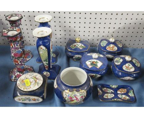 Five Carlton Ware covered trinket boxes, together with two pairs of candlesticks and three other items