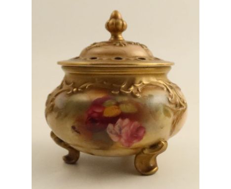 A Royal Worcester covered pot pourri, the moulded body decorated with roses, shape number H183, af, height 5ins