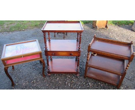 A Victorian mahogany three tier whatnot, fitted with a drawer to the middle shelf, together with a mahogany and glass bijoute