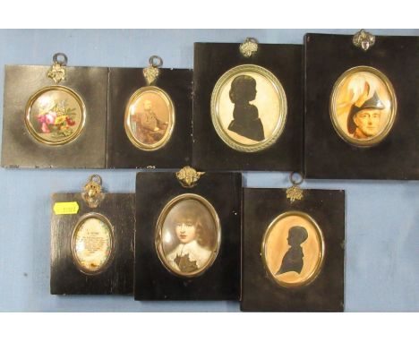 A framed porcelain panel, painted with flowers, cut down, together with two framed silhouettes and four other famed miniature
