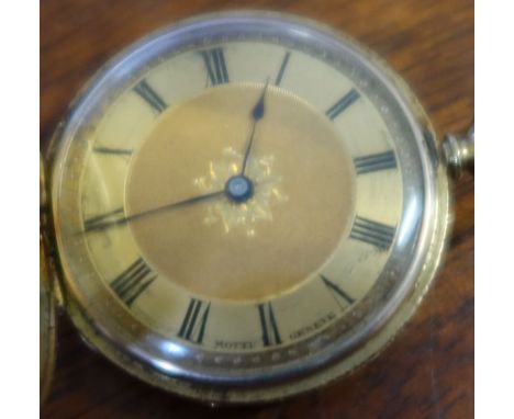 A ladies 18k fob hunter watch, with enamel decoration to the case