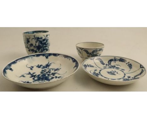 A Worcester coffee cup and saucer, decorated in underglaze blue with the Mansfield pattern, together with a tea bowl and sauc