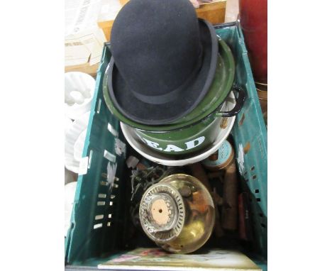 A bowler hat, together with an enamel bread bin, wash bowl, pottery tile, oil lamp etc