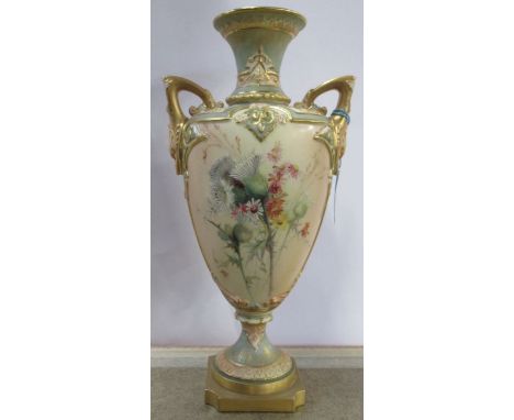 A Royal Worcester blush ivory pedestal vase, decorated with thistles and flowers, shape number 1732, height 11ins