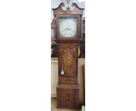 An Antique mahogany long case clock, the dial with fruit and flowers spandrels, height 84ins
