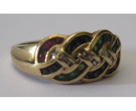 A 9ct Gold, Emerald, Sapphire, Ruby and Diamond Celtic Knot Ring, 4.2g, size O.5 