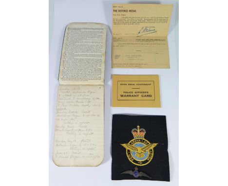 A Sterling Silver and Enamel RAF Badge and cloth badge, Devon Special Constabulary Police Officer's Warrant Card and notebook