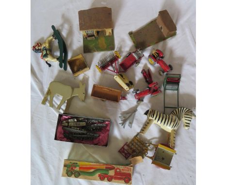 A Crescent Toys Mobile Space Rocket (boxed), Dinky die cast mower, tin plate tank and other toys 