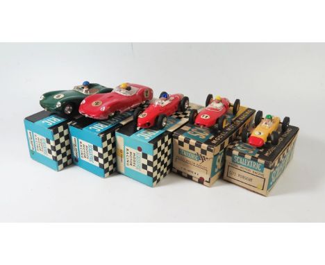 Five Tri-ang Scalextric Boxed Cars: C73 Porche, C56 Lister Jaguar, C63 Lotus R E, C62 Ferrari and C57 Aston Martin 