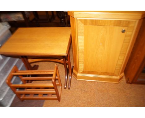 Small light wood corner unit together with 2 tables &amp; magazine rack 