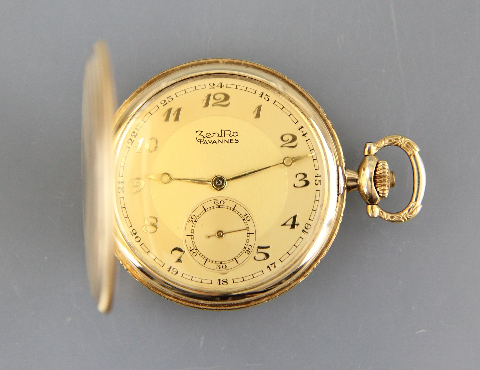 Pocket watch "Zentra Tavannes" 14ct. gold case, gilded good quality lever movement with gilded