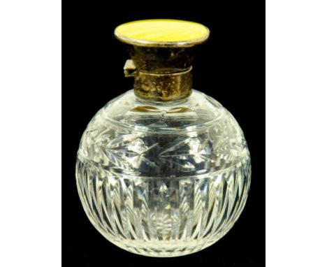 A GEORGE V SILVER AND YELLOW GUILLOCHE ENAMEL MOUNTED CUT GLASS SCENT BOTTLE, BIRMINGHAM 1913