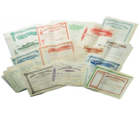 SCRIPOPHILY.  A COLLECTION OF LINE ENGRAVED SHARE CERTIFICATES, INCLUDING THE BOINSU RUBBER COMPANY LTD, ELECTRIC PALACES LTD